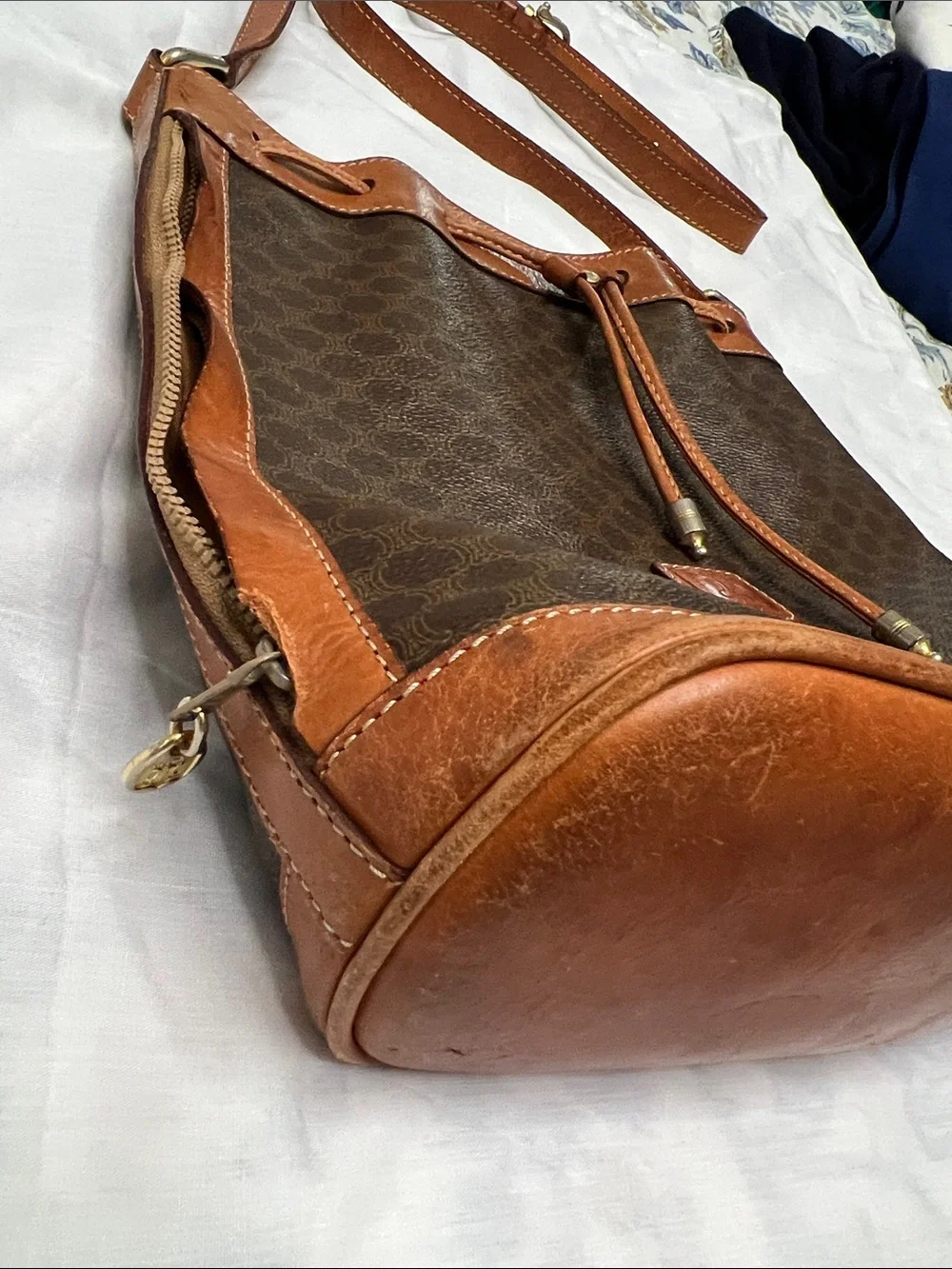 Celine Brown Leather-Trim Bucket Shoulder Bag - Picture 5 of 15